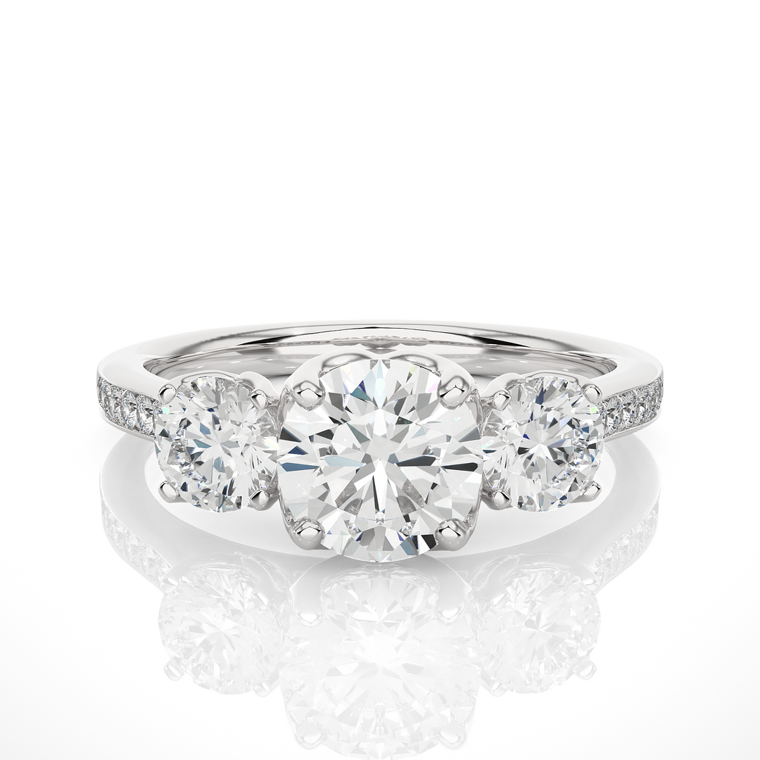 1.80 CT Round Center with Round Side Lab Grown Diamond Three Stone Ring | 19 Stone Gold Band