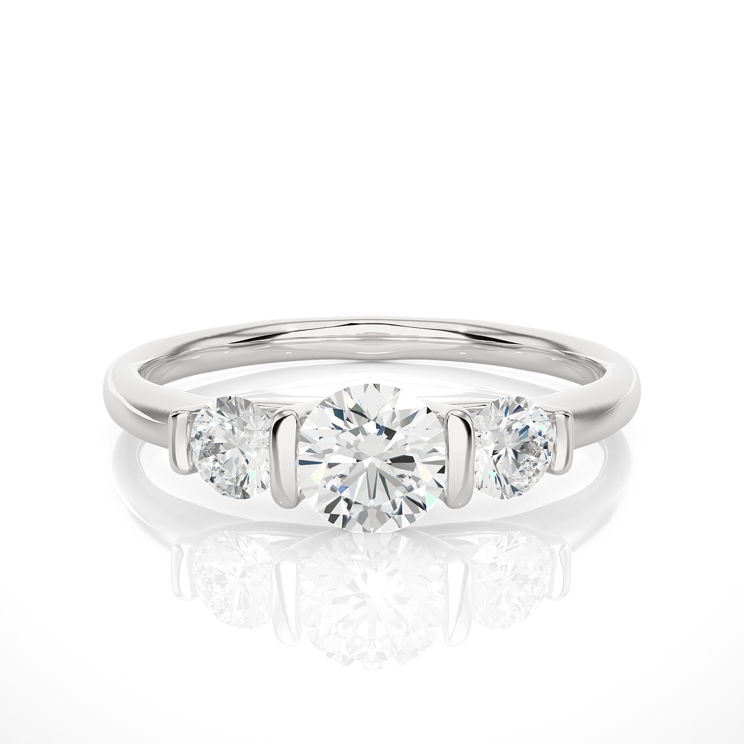 0.88 CT Round Lab Grown Diamond Bar Setting Ring | 3 Stone Gold Band