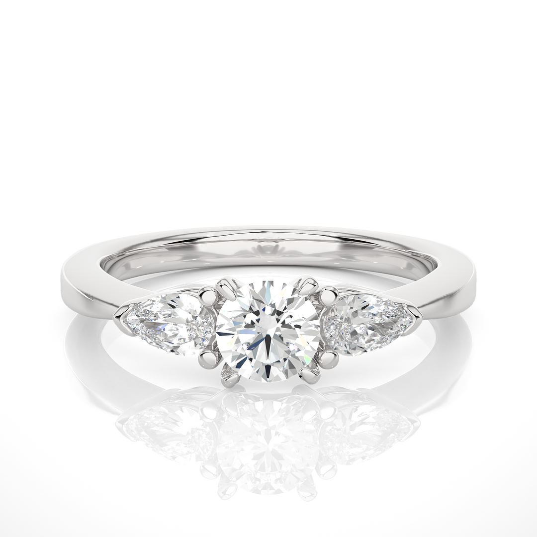 0.99 CT Round Center with Pear Side Lab Grown Diamond Three Stone Ring | 3 Stone Gold Band