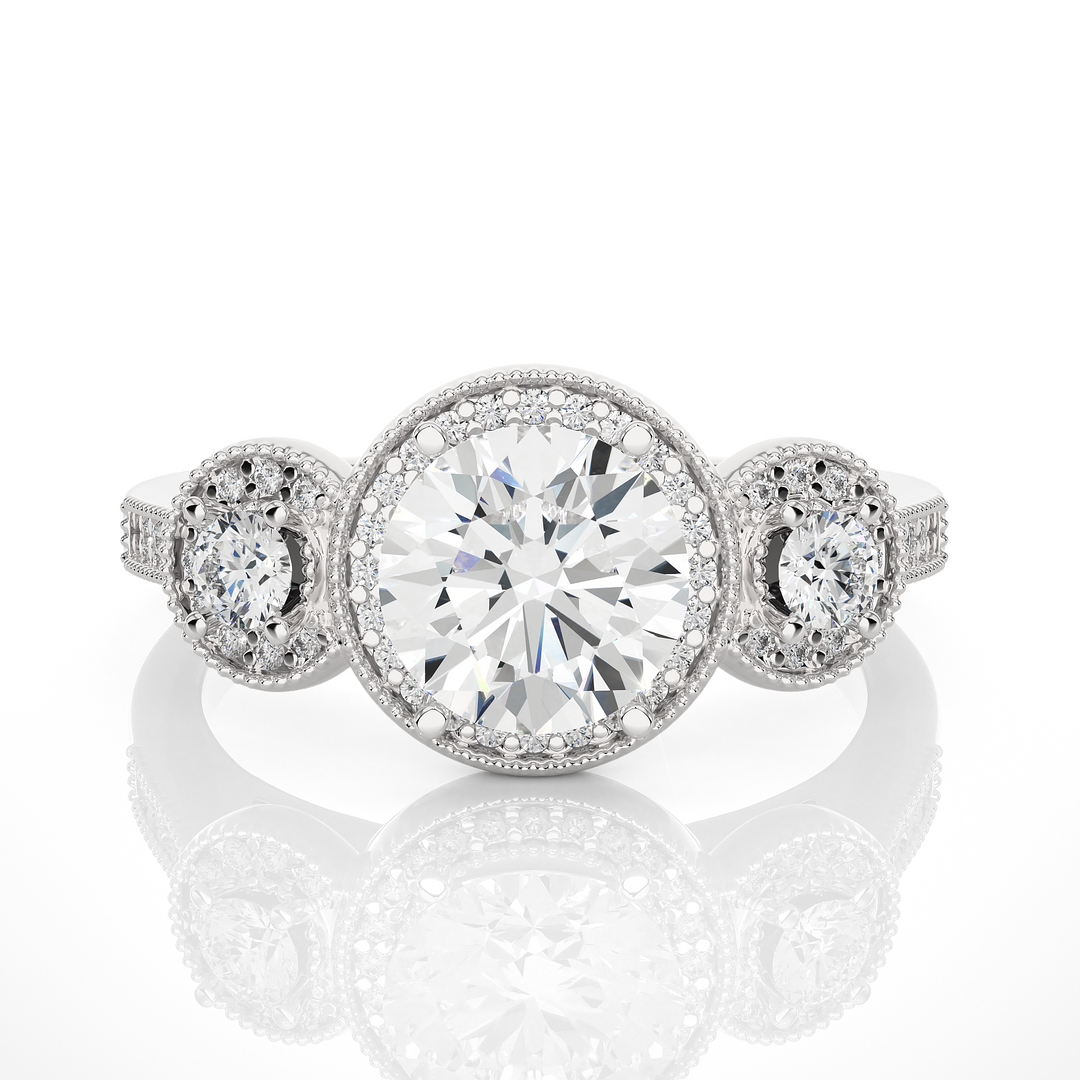 1.43 CT Round Lab Grown Diamond Halo Ring with Milgrain & Round Side Stones | 51 Stone Gold Band