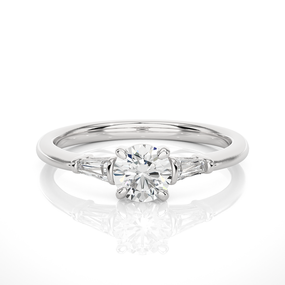 0.93 CT Round Center with Tapered Baguette Side Lab Grown Diamond Three Stone Ring | 3 Stone Gold Band