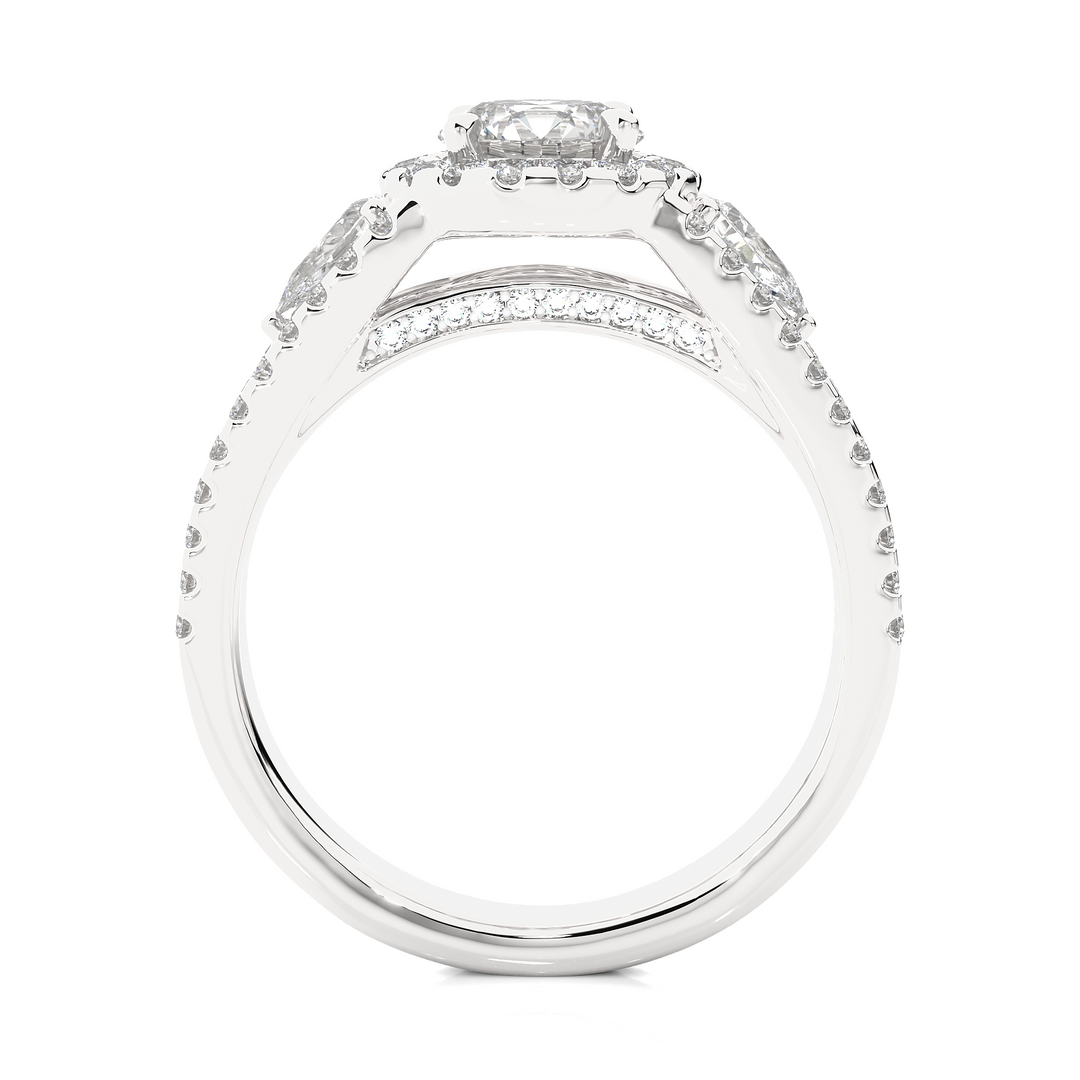 1.43 CT Round Center with Pear & Round Side Lab Grown Diamond Halo Ring | Split Shank, 83 Stone Gold Band