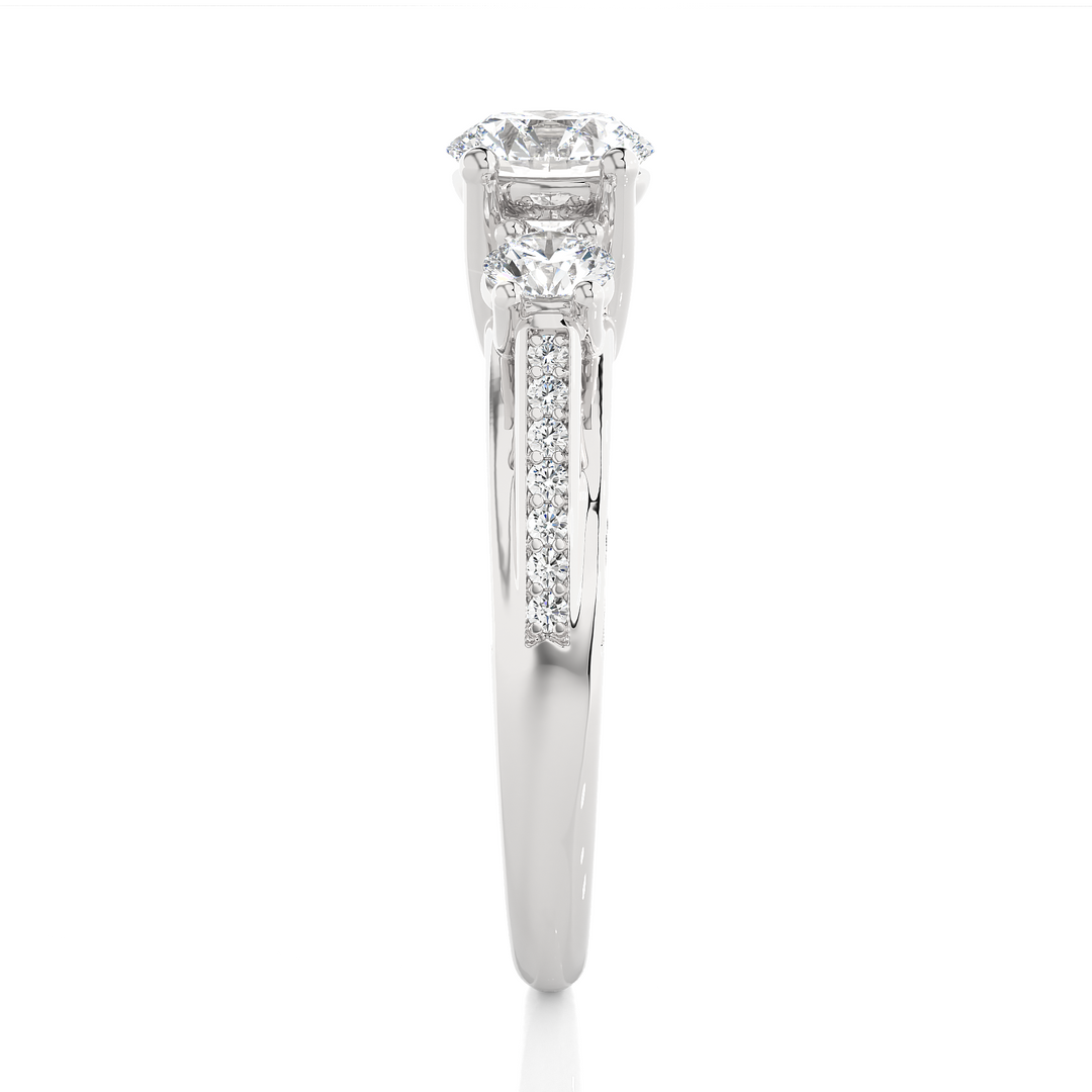 1.98 CT Round Center with Round Side Lab Grown Diamond Three Stone Ring | 49 Stone Gold Band