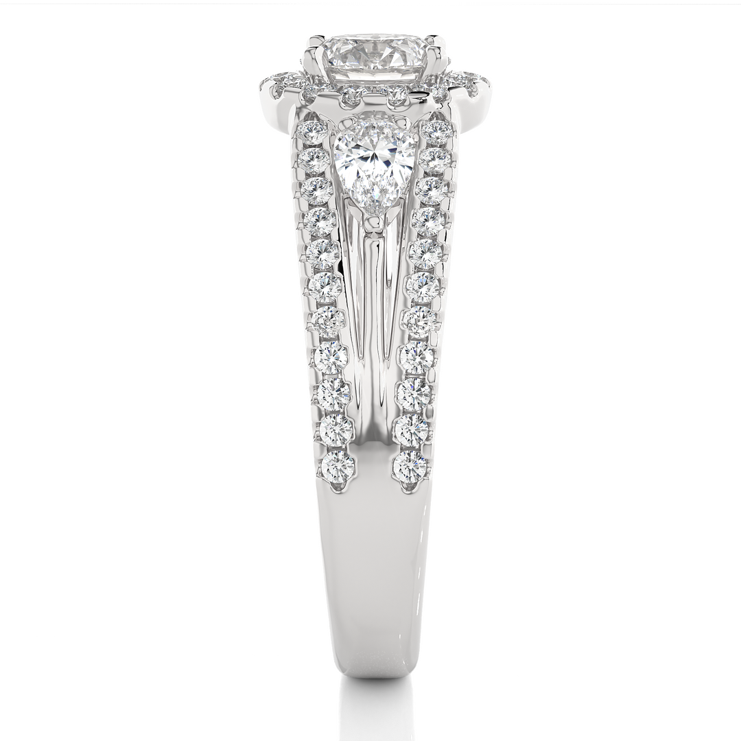 1.43 CT Round Center with Pear & Round Side Lab Grown Diamond Halo Ring | Split Shank, 83 Stone Gold Band