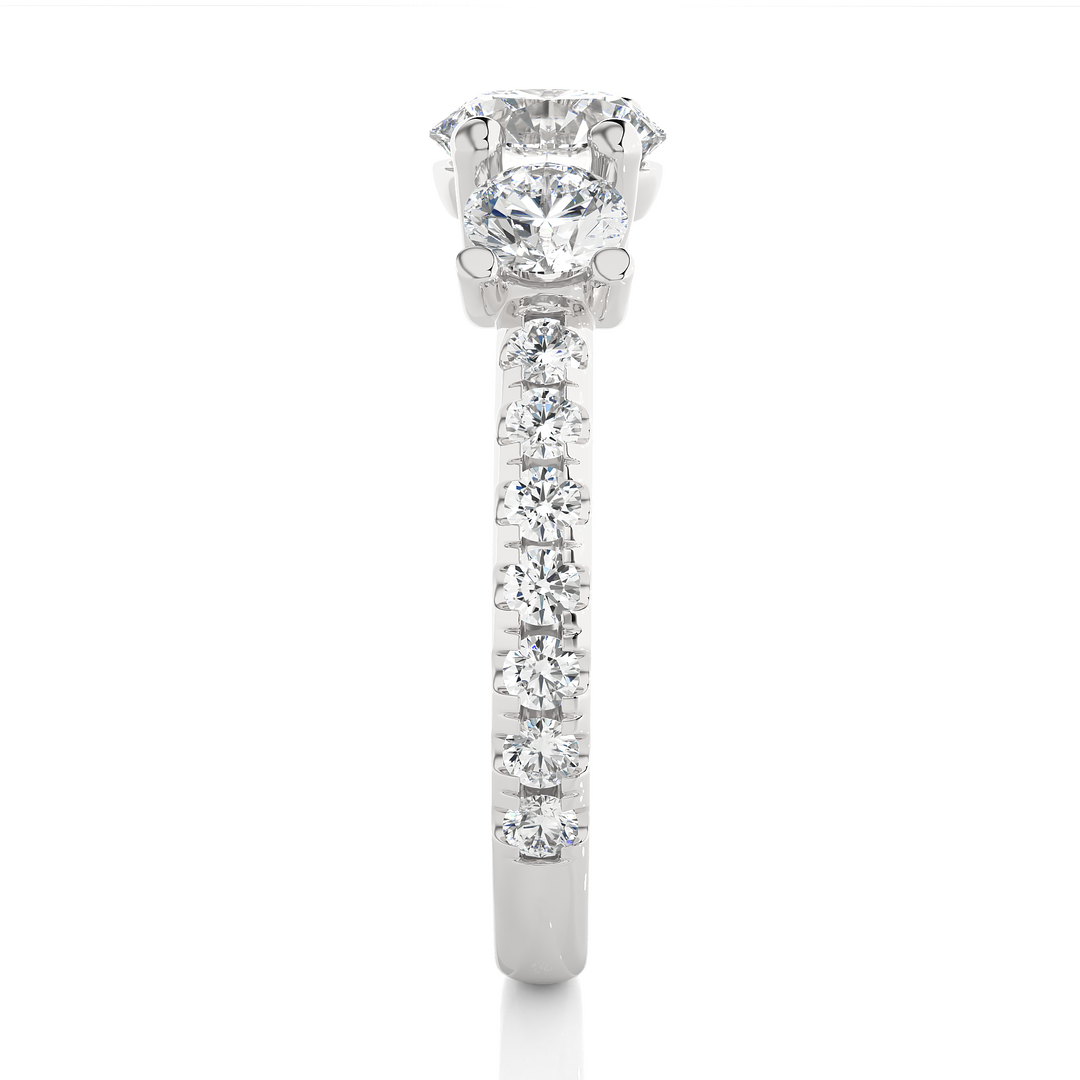 2.35 CT Round Center with Round Side Lab Grown Diamond Three Stone Ring | 17 Stone Gold Band