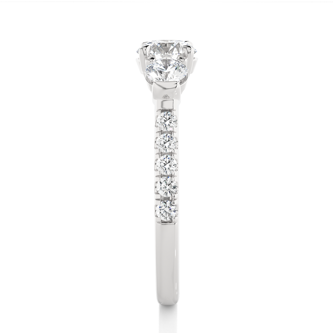 1.55 CT Round Center with Round Side Lab Grown Diamond Three Stone Ring | 13 Stone Gold Band