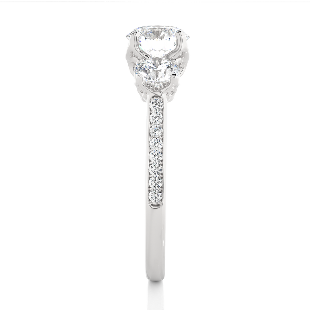 1.80 CT Round Center with Round Side Lab Grown Diamond Three Stone Ring | 19 Stone Gold Band