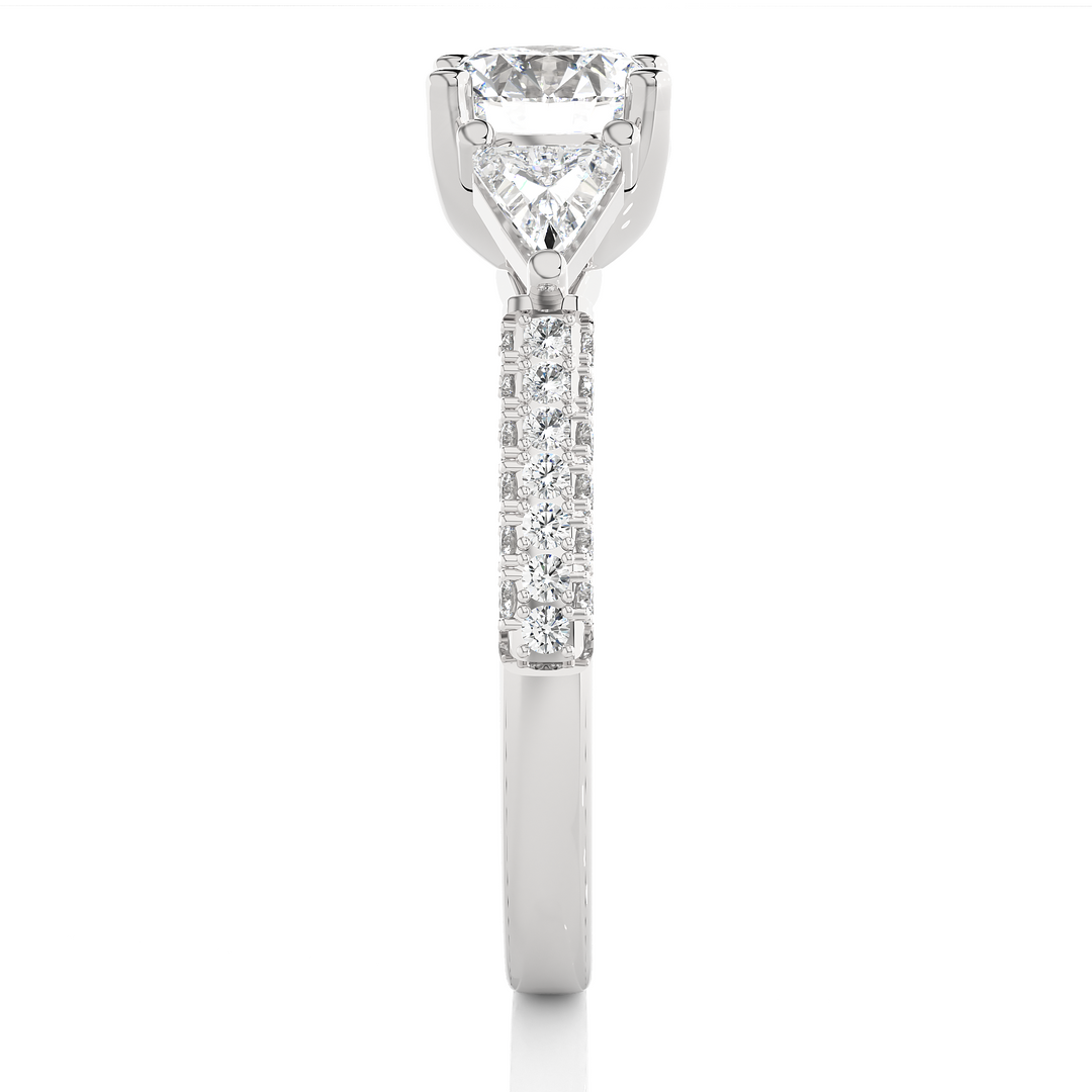 1.43 CT Round Center with Trillion & Round Side Lab Grown Diamond Three Stone Ring | 43 Stone Gold Band