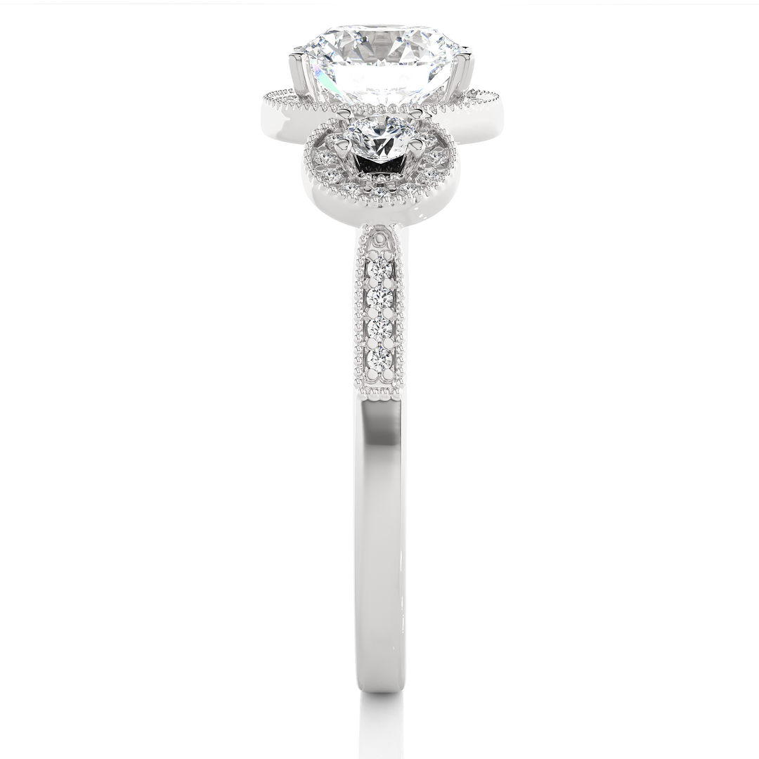 1.43 CT Round Lab Grown Diamond Halo Ring with Milgrain & Round Side Stones | 51 Stone Gold Band