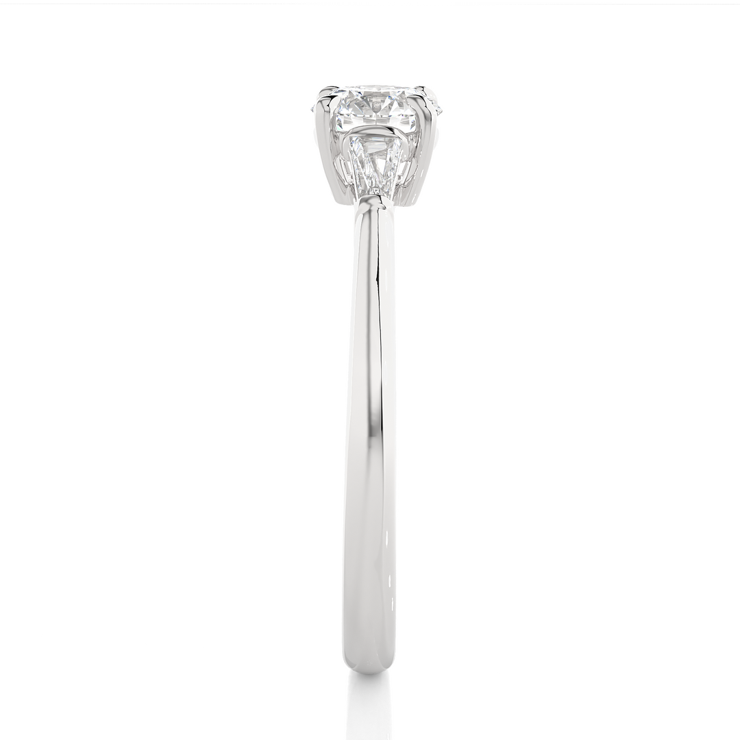 0.93 CT Round Center with Tapered Baguette Side Lab Grown Diamond Three Stone Ring | 3 Stone Gold Band