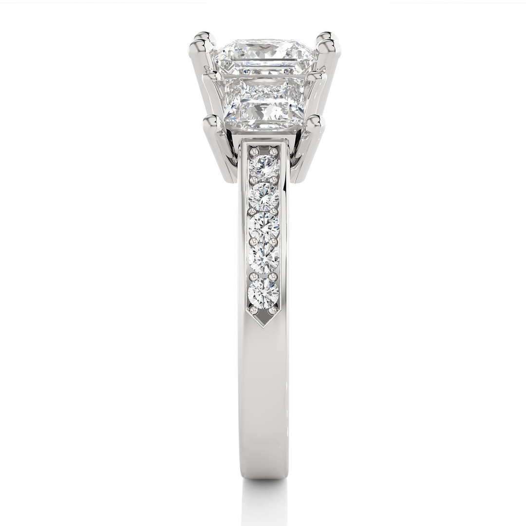 2.19 CT Princess Cut Three Stone Lab Grown Diamond Ring with Round Side Stones | 13 Stone Gold Band