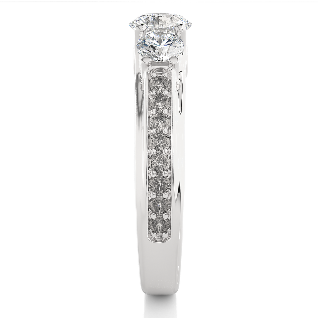 1.70 CT Round Center with Round Side Lab Grown Diamond Three Stone Ring | 21 Stone Gold Band