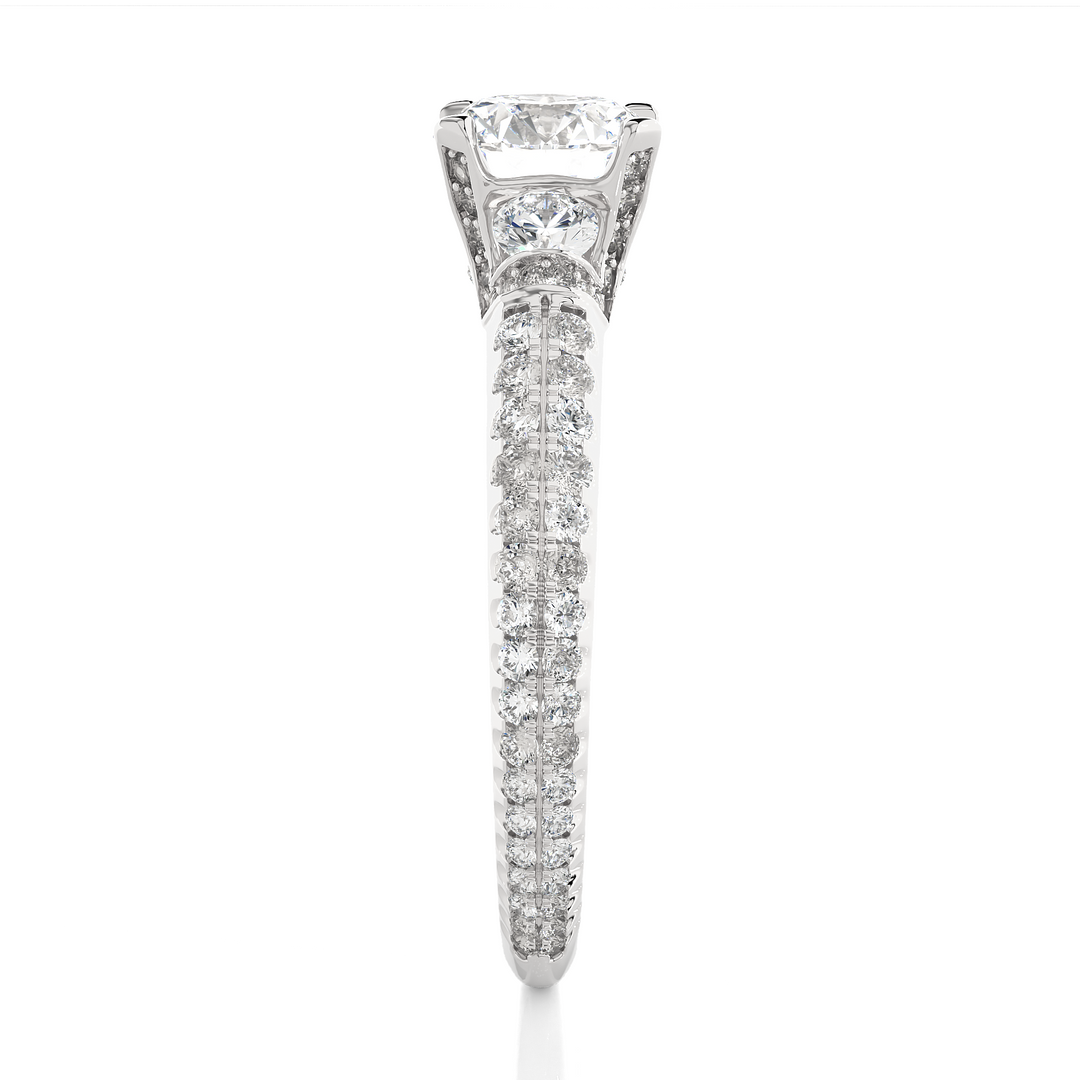 1.45 CT Round Center with Round Side Lab Grown Diamond Three Stone Ring | 105 Stone Gold Band