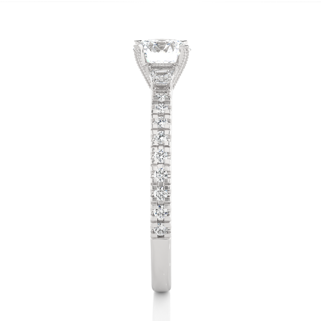 0.97 CT Round Center with Baguette & Round Side Lab Grown Diamond Three Stone Ring | 21 Stone Gold Band