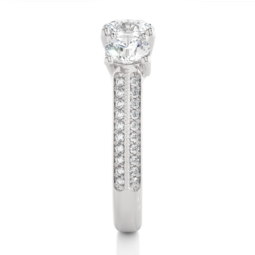 2.23 CT Round Center with Round Side Lab Grown Diamond Three Stone Ring | 43 Stone Gold Band