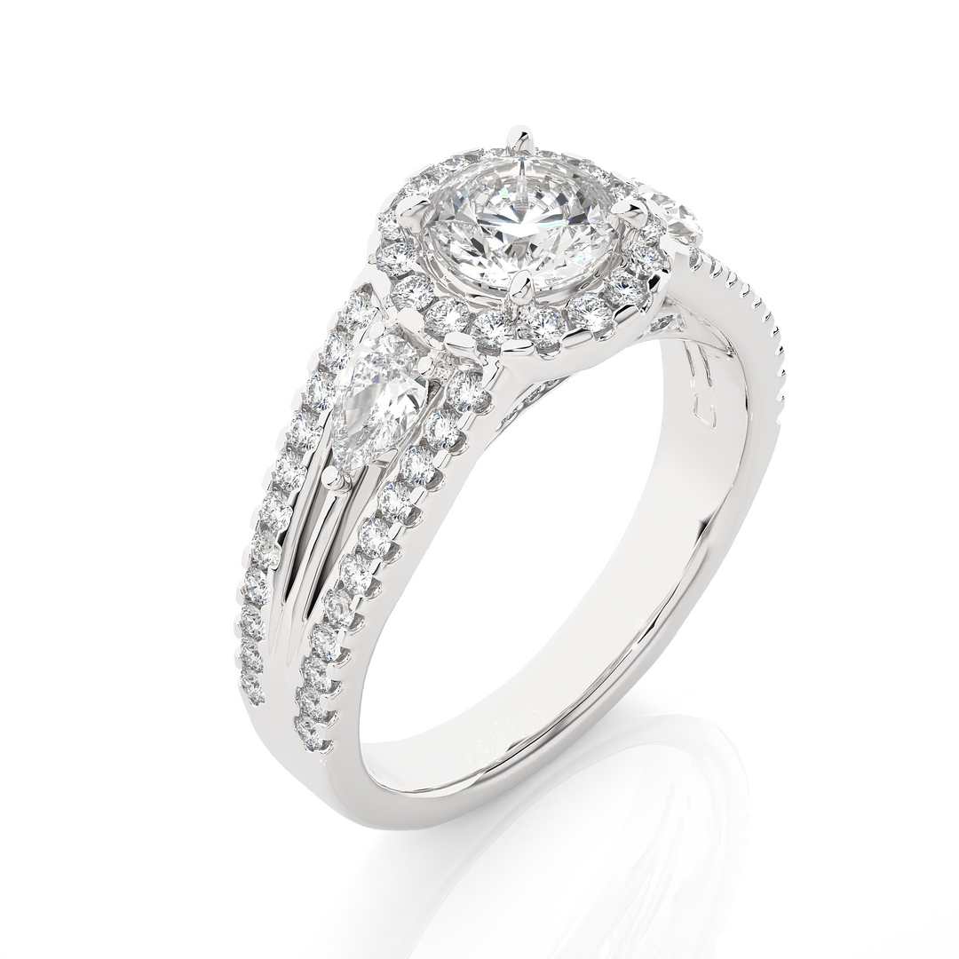 1.43 CT Round Center with Pear & Round Side Lab Grown Diamond Halo Ring | Split Shank, 83 Stone Gold Band