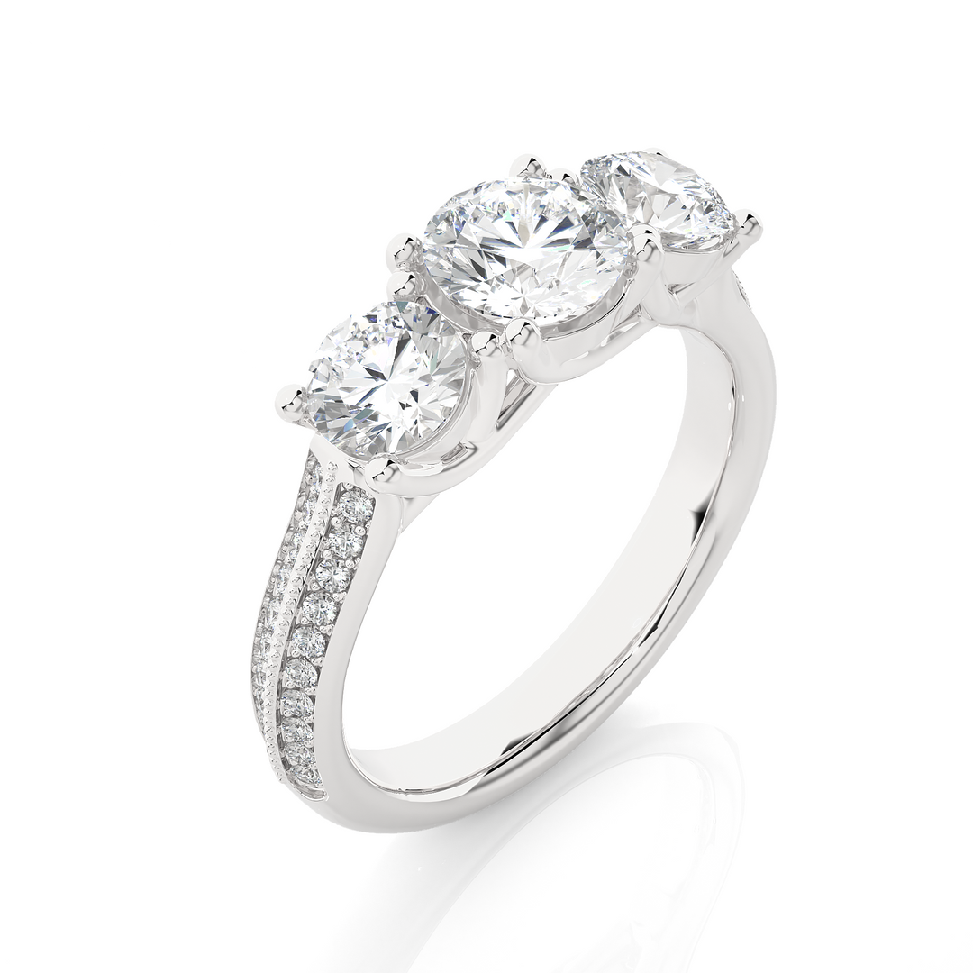 2.23 CT Round Center with Round Side Lab Grown Diamond Three Stone Ring | 43 Stone Gold Band