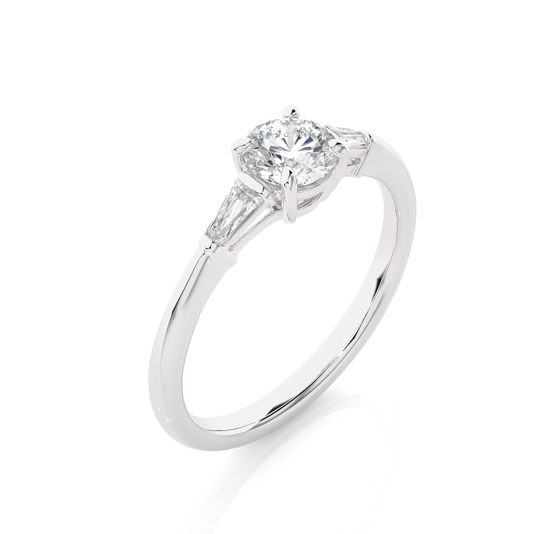 0.93 CT Round Center with Tapered Baguette Side Lab Grown Diamond Three Stone Ring | 3 Stone Gold Band