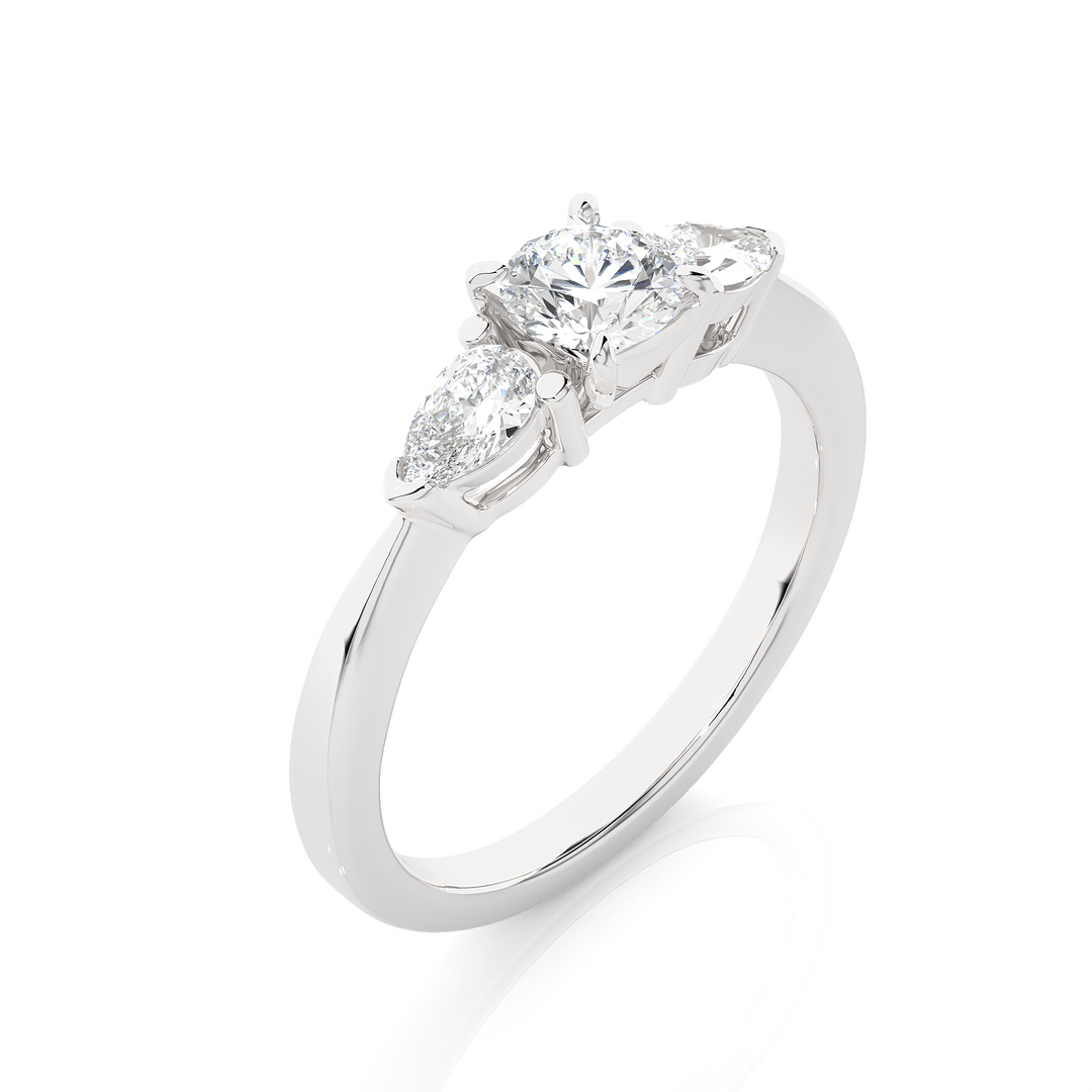 0.99 CT Round Center with Pear Side Lab Grown Diamond Three Stone Ring | 3 Stone Gold Band
