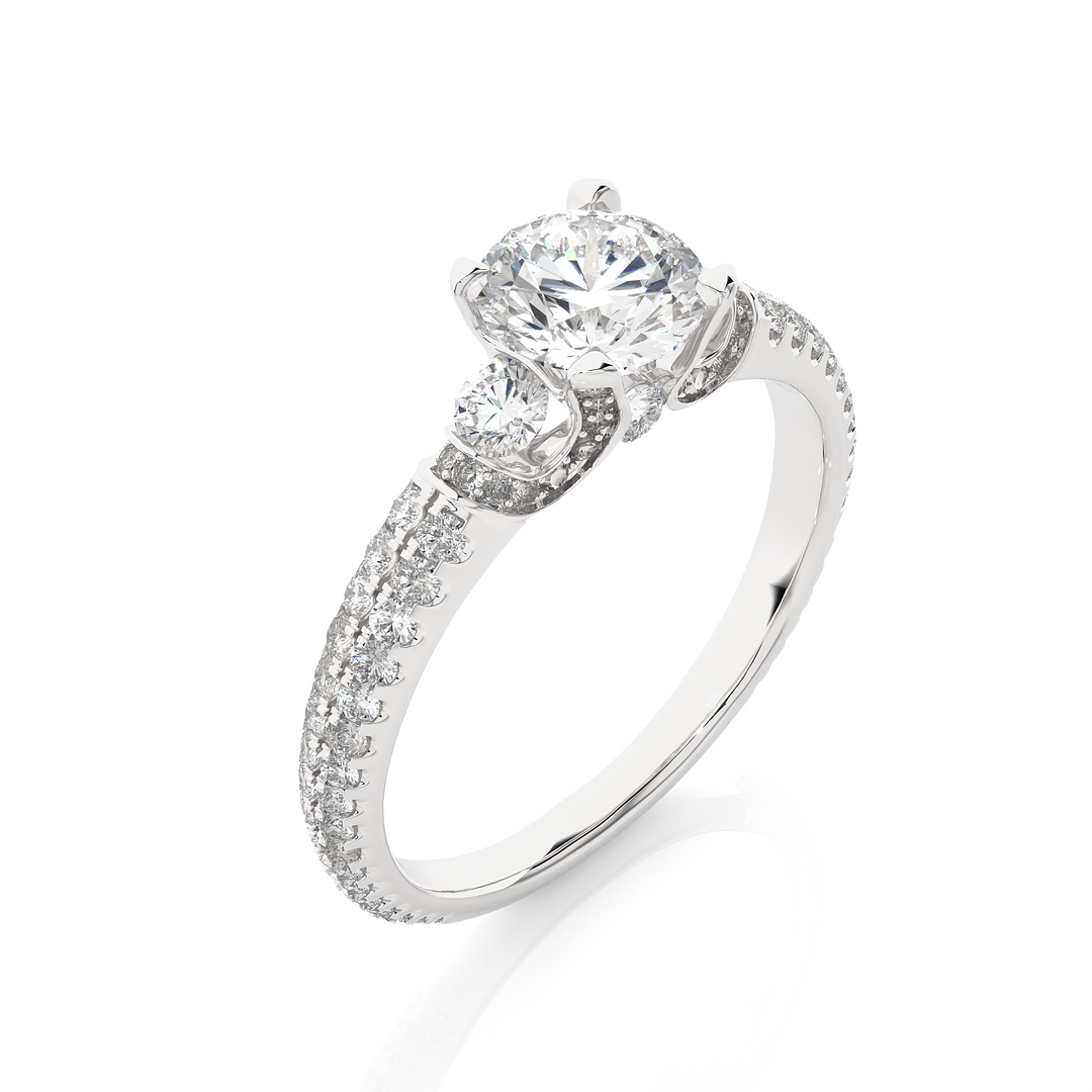 1.45 CT Round Center with Round Side Lab Grown Diamond Three Stone Ring | 105 Stone Gold Band