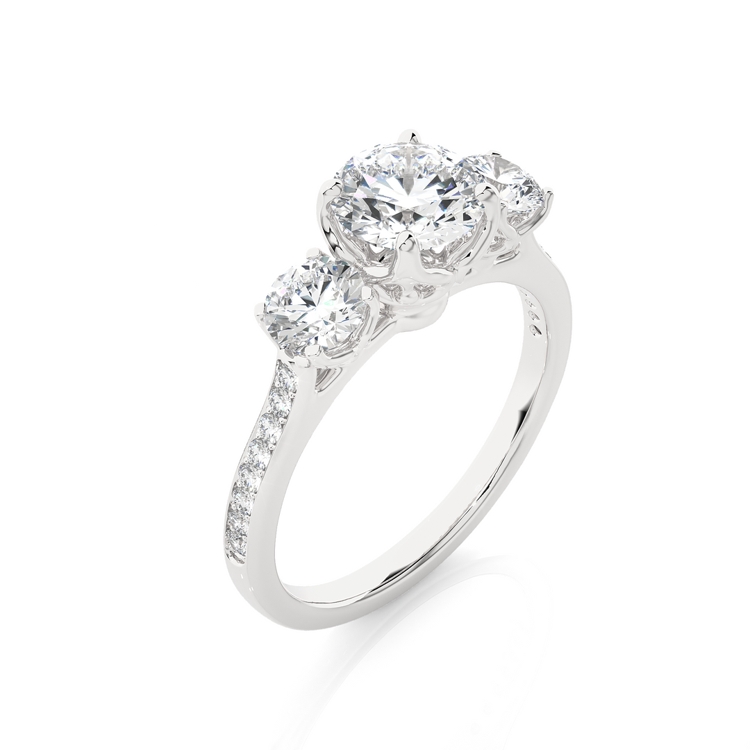 1.80 CT Round Center with Round Side Lab Grown Diamond Three Stone Ring | 19 Stone Gold Band