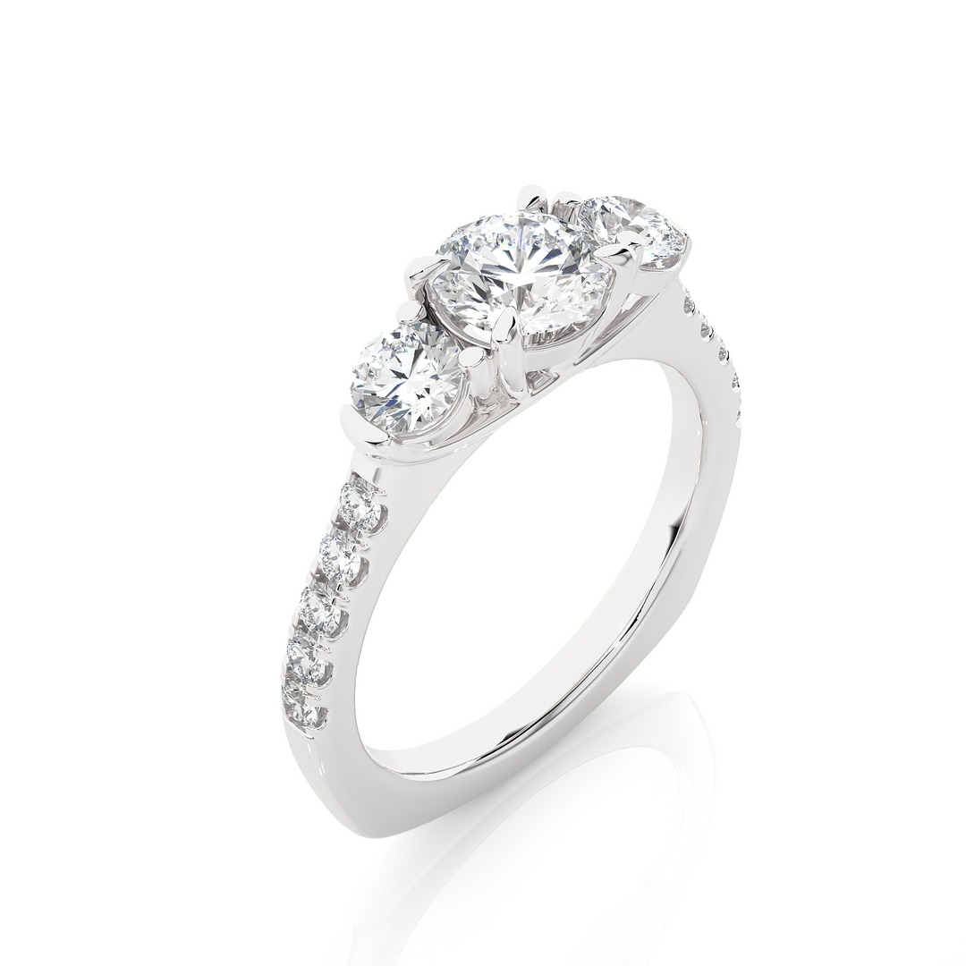 1.55 CT Round Center with Round Side Lab Grown Diamond Three Stone Ring | 13 Stone Gold Band