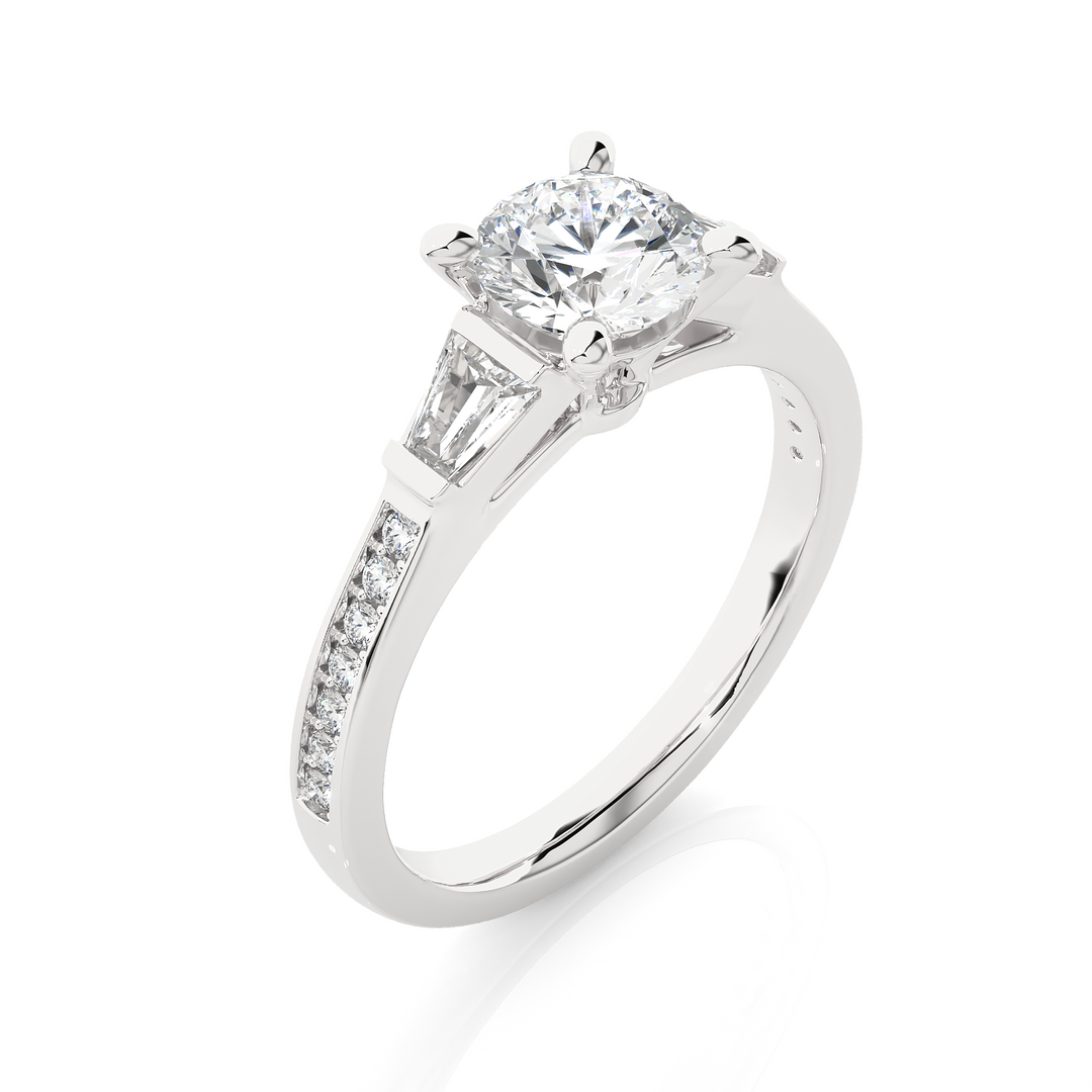 1.69 CT Round Center with Baguette & Round Side Lab Grown Diamond Three Stone Ring | 17 Stone Gold Band