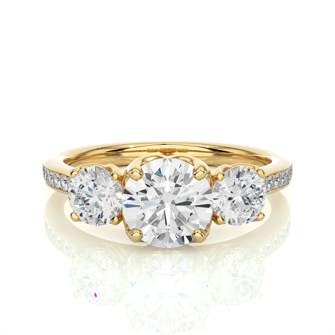 1.80 CT Round Center with Round Side Lab Grown Diamond Three Stone Ring | 19 Stone Gold Band