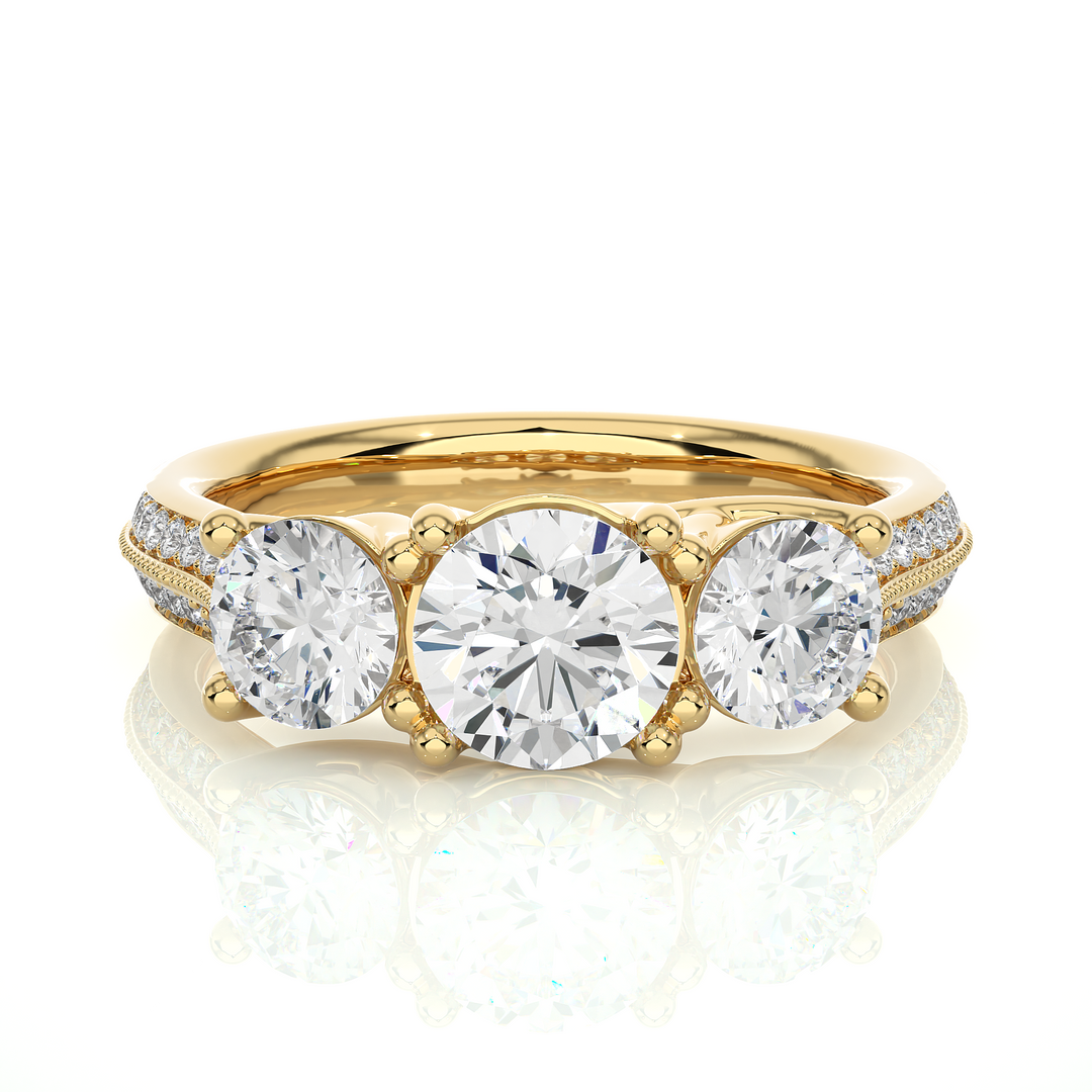 2.23 CT Round Center with Round Side Lab Grown Diamond Three Stone Ring | 43 Stone Gold Band