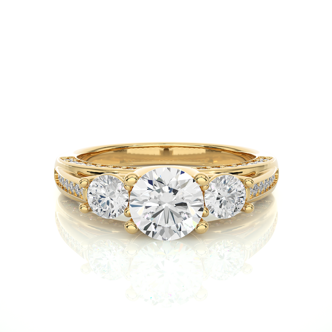 1.98 CT Round Center with Round Side Lab Grown Diamond Three Stone Ring | 49 Stone Gold Band