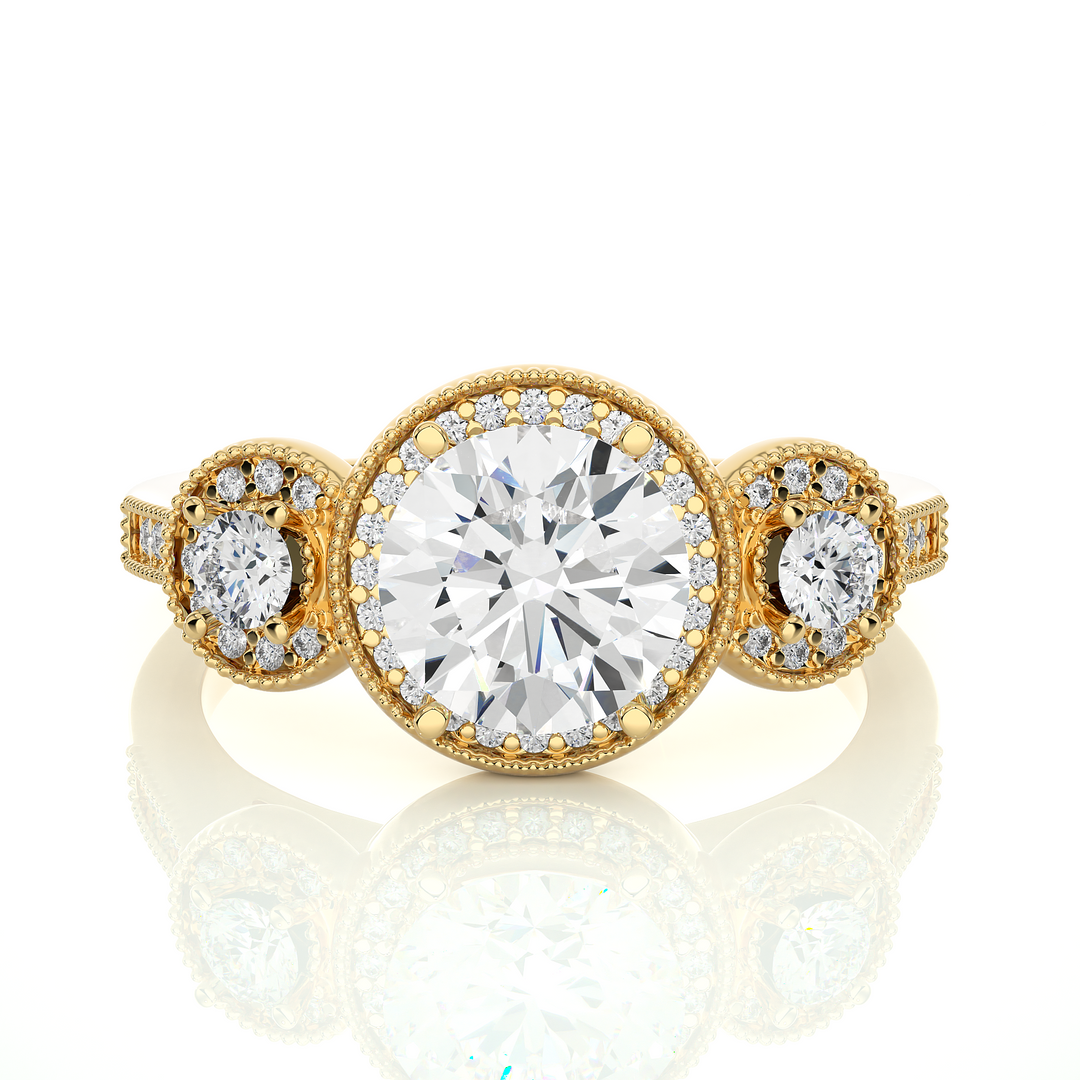 1.43 CT Round Lab Grown Diamond Halo Ring with Milgrain & Round Side Stones | 51 Stone Gold Band