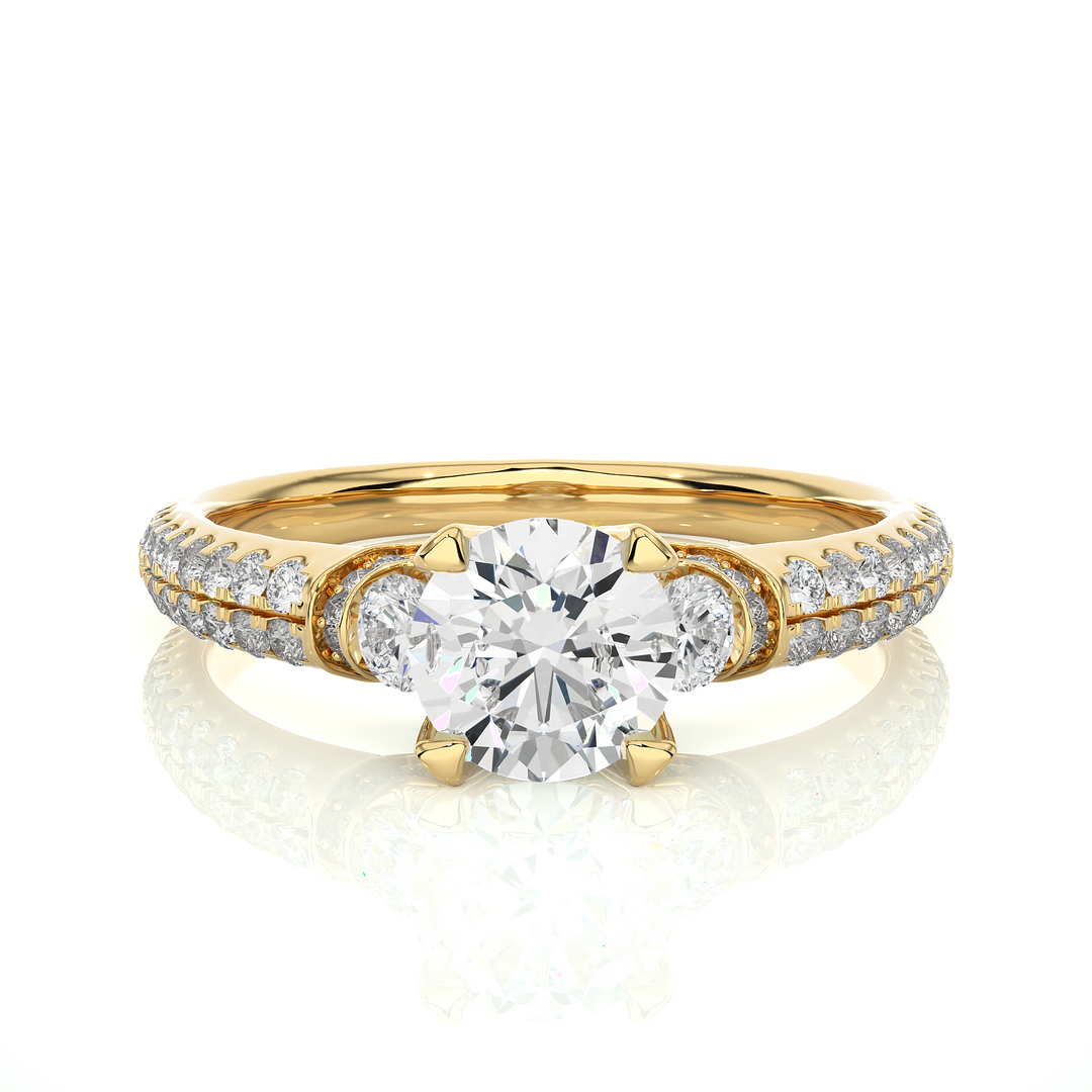 1.45 CT Round Center with Round Side Lab Grown Diamond Three Stone Ring | 105 Stone Gold Band