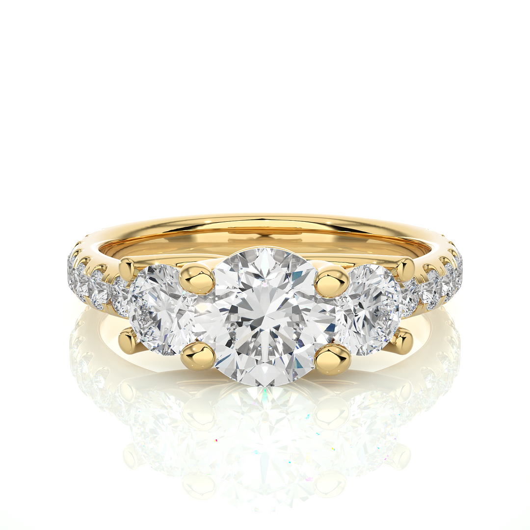 2.35 CT Round Center with Round Side Lab Grown Diamond Three Stone Ring | 17 Stone Gold Band