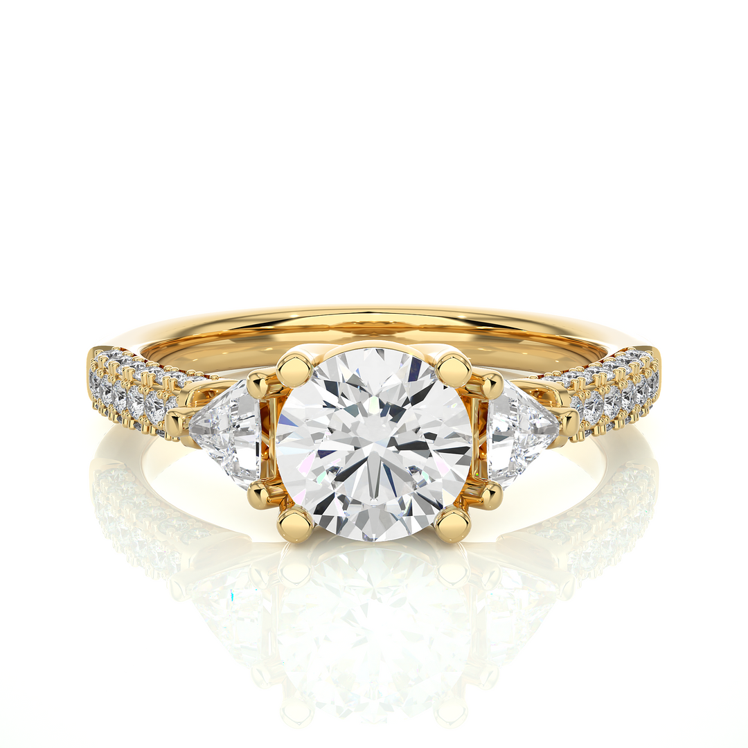 1.43 CT Round Center with Trillion & Round Side Lab Grown Diamond Three Stone Ring | 43 Stone Gold Band