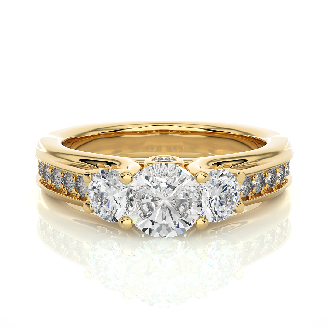 1.70 CT Round Center with Round Side Lab Grown Diamond Three Stone Ring | 21 Stone Gold Band