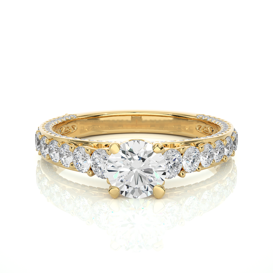 1.79 CT Round Center with Round Side Lab Grown Diamond Three Stone Ring | 111 Stone Gold Band
