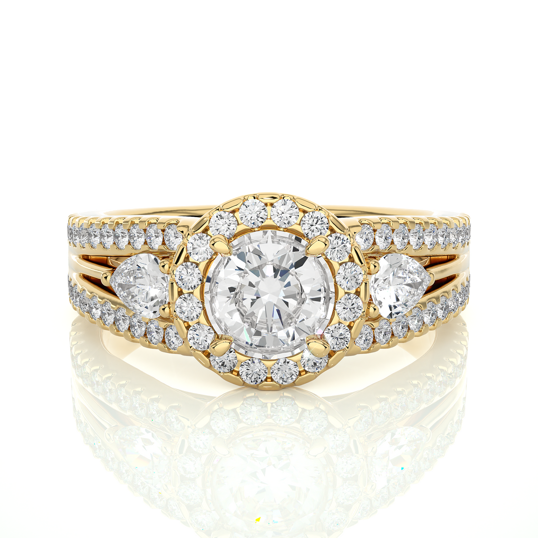 1.43 CT Round Center with Pear & Round Side Lab Grown Diamond Halo Ring | Split Shank, 83 Stone Gold Band