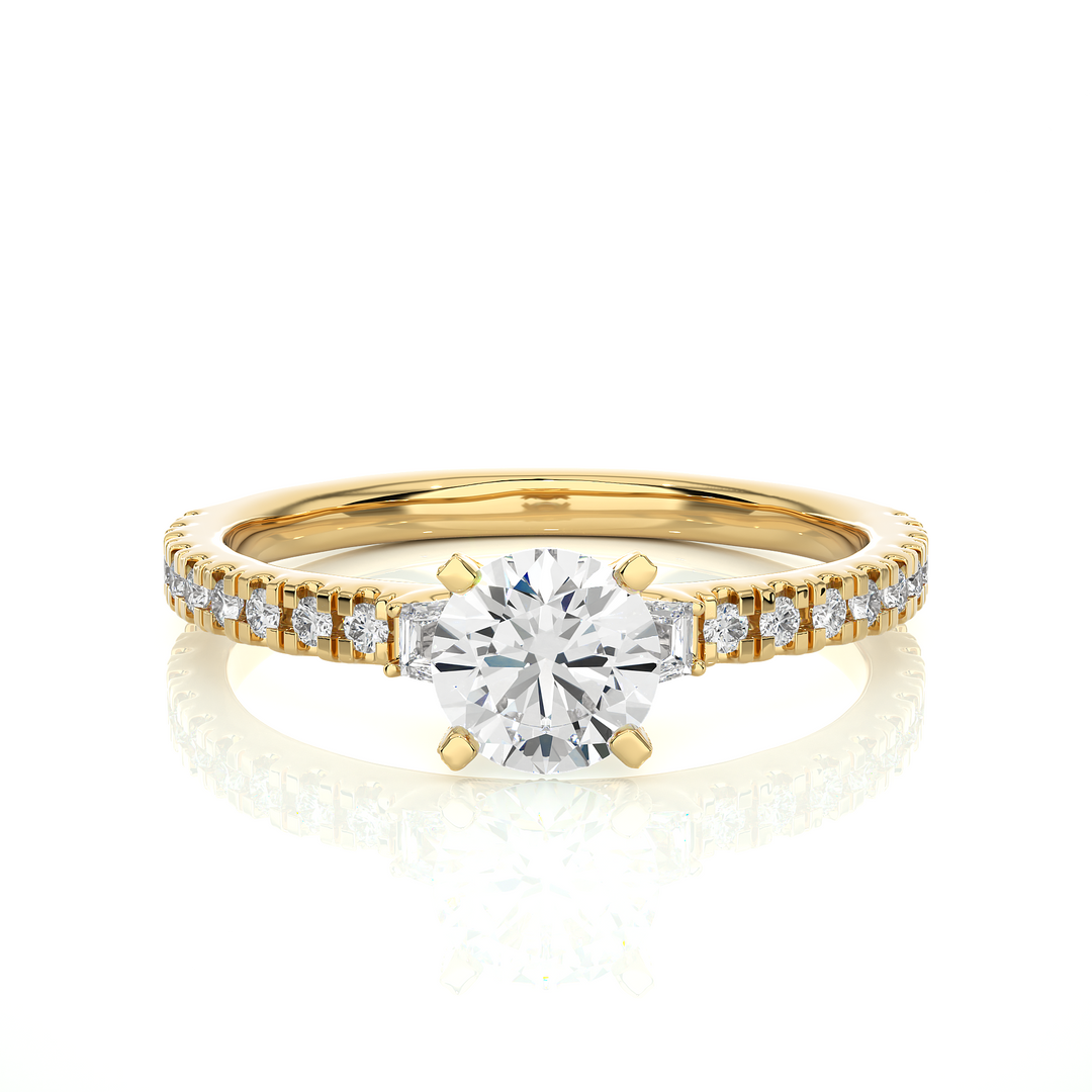 0.97 CT Round Center with Baguette & Round Side Lab Grown Diamond Three Stone Ring | 21 Stone Gold Band