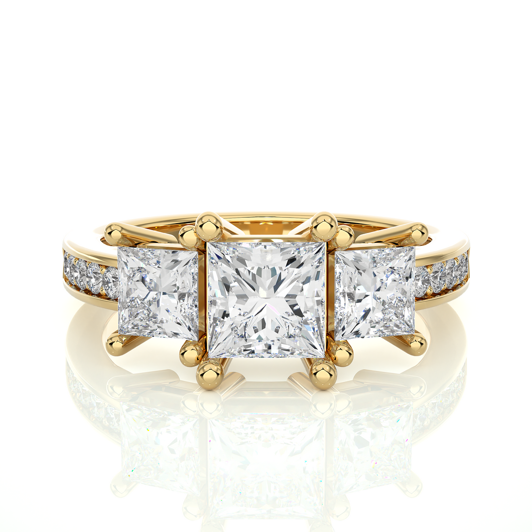 2.19 CT Princess Cut Three Stone Lab Grown Diamond Ring with Round Side Stones | 13 Stone Gold Band