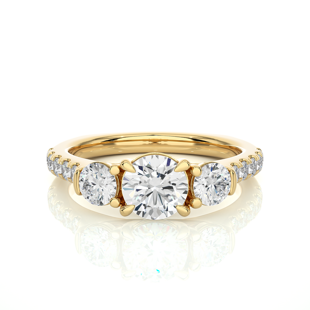 1.55 CT Round Center with Round Side Lab Grown Diamond Three Stone Ring | 13 Stone Gold Band