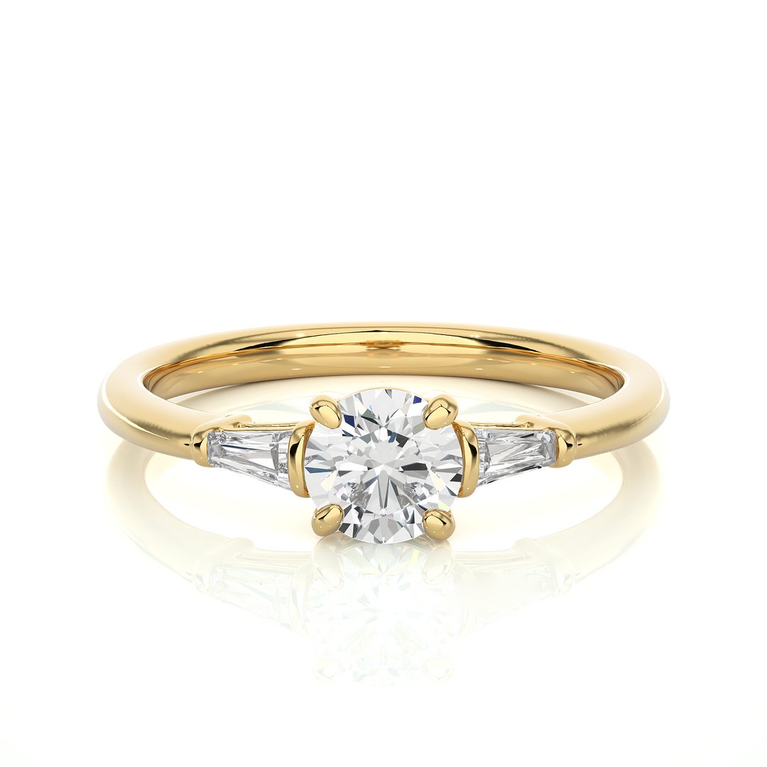 0.93 CT Round Center with Tapered Baguette Side Lab Grown Diamond Three Stone Ring | 3 Stone Gold Band