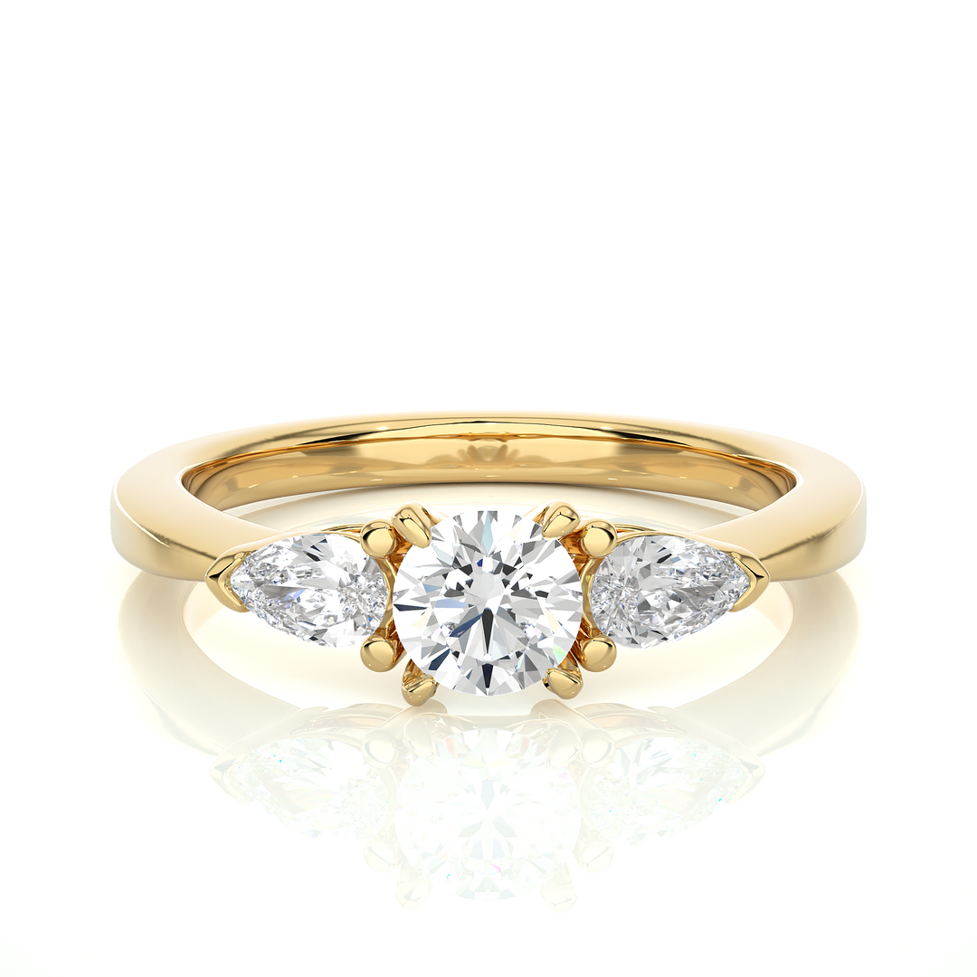 0.99 CT Round Center with Pear Side Lab Grown Diamond Three Stone Ring | 3 Stone Gold Band