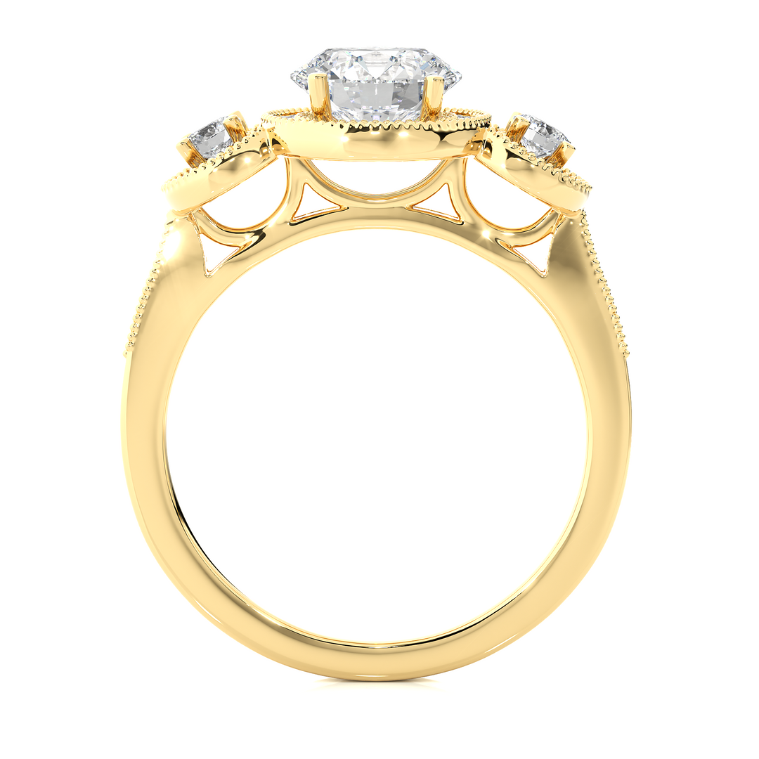 1.43 CT Round Lab Grown Diamond Halo Ring with Milgrain & Round Side Stones | 51 Stone Gold Band