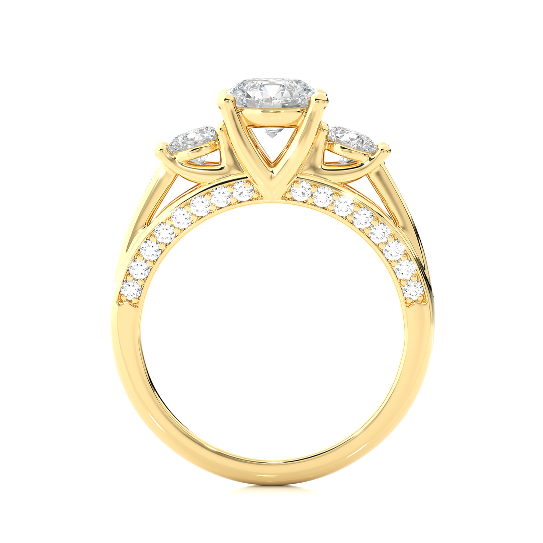 1.98 CT Round Center with Round Side Lab Grown Diamond Three Stone Ring | 49 Stone Gold Band