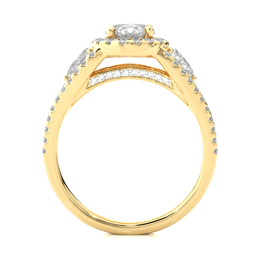 1.43 CT Round Center with Pear & Round Side Lab Grown Diamond Halo Ring | Split Shank, 83 Stone Gold Band