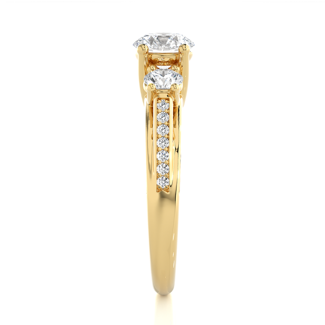 1.98 CT Round Center with Round Side Lab Grown Diamond Three Stone Ring | 49 Stone Gold Band