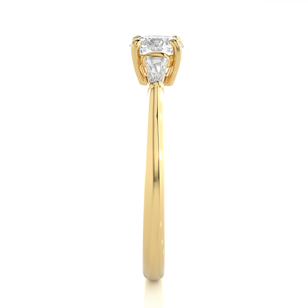 0.93 CT Round Center with Tapered Baguette Side Lab Grown Diamond Three Stone Ring | 3 Stone Gold Band