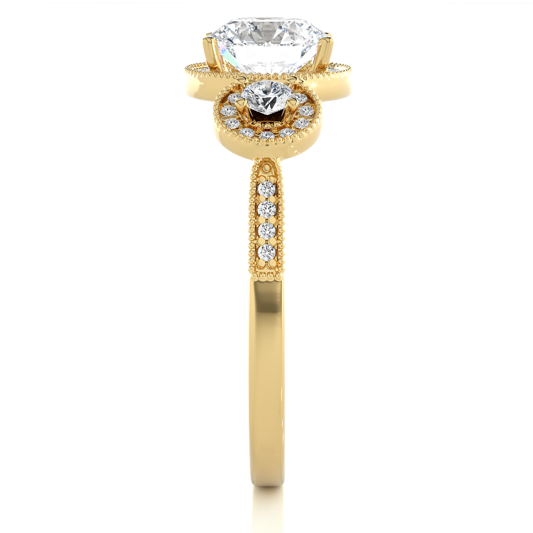 1.43 CT Round Lab Grown Diamond Halo Ring with Milgrain & Round Side Stones | 51 Stone Gold Band