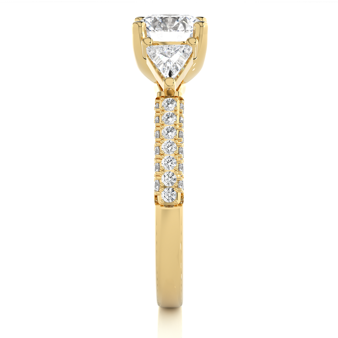 1.43 CT Round Center with Trillion & Round Side Lab Grown Diamond Three Stone Ring | 43 Stone Gold Band