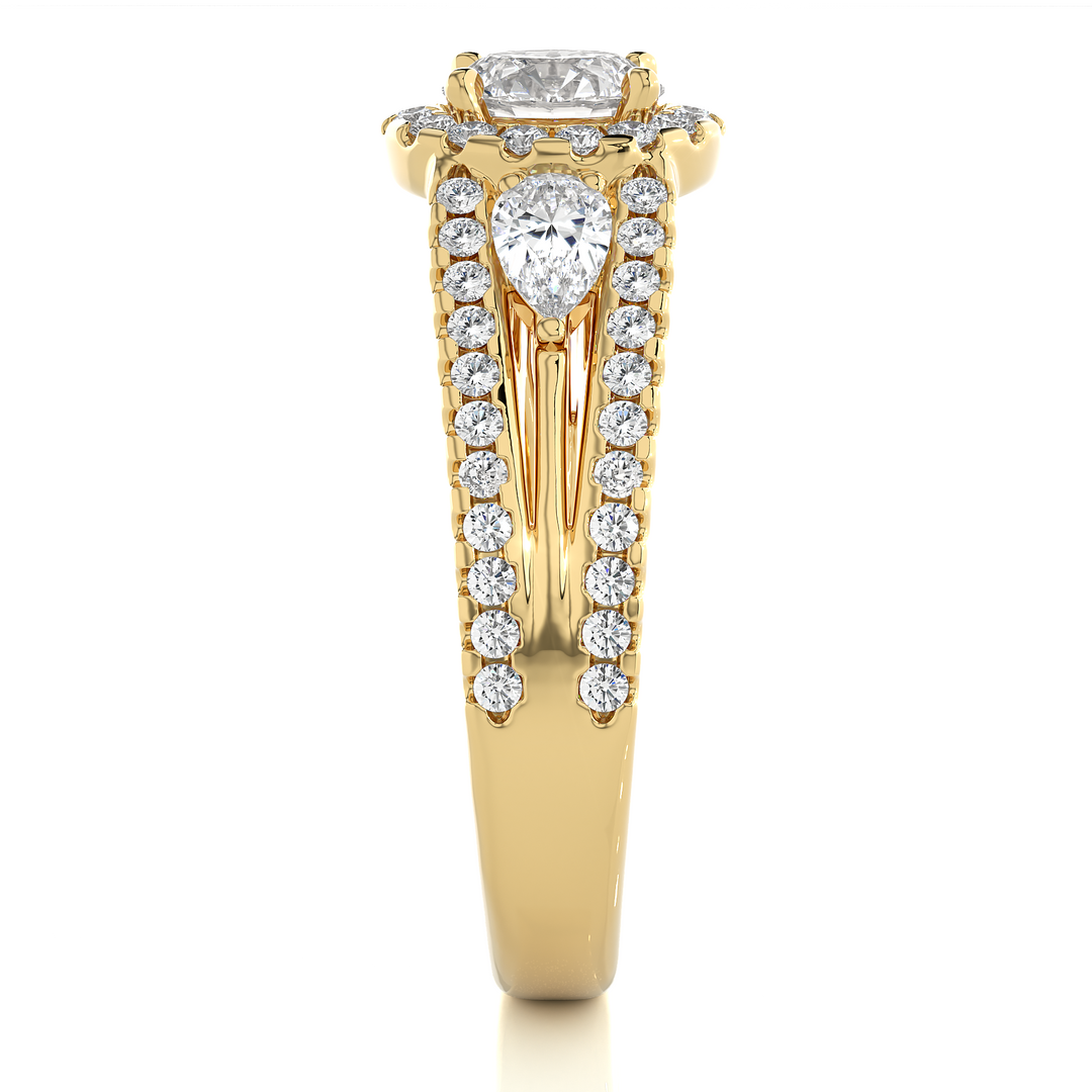 1.43 CT Round Center with Pear & Round Side Lab Grown Diamond Halo Ring | Split Shank, 83 Stone Gold Band